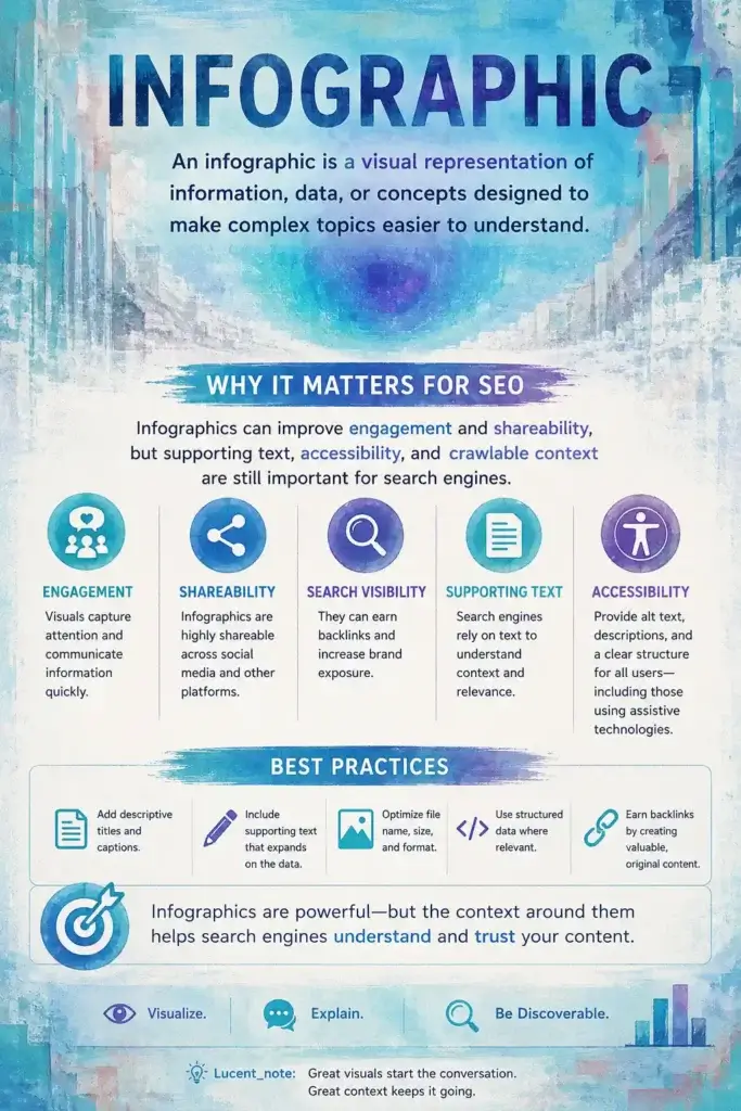 SEO infographic explaining what an infographic is, why it matters for search visibility, and best practices including accessibility, supporting text, structured data, and image optimization.