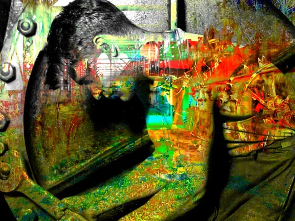 old cc image of man working with wrench, overlaid with colorful transparent layers mary hall
