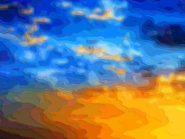 layered art by mary hall: yellow orange to light blues and dark blues. implying sunset