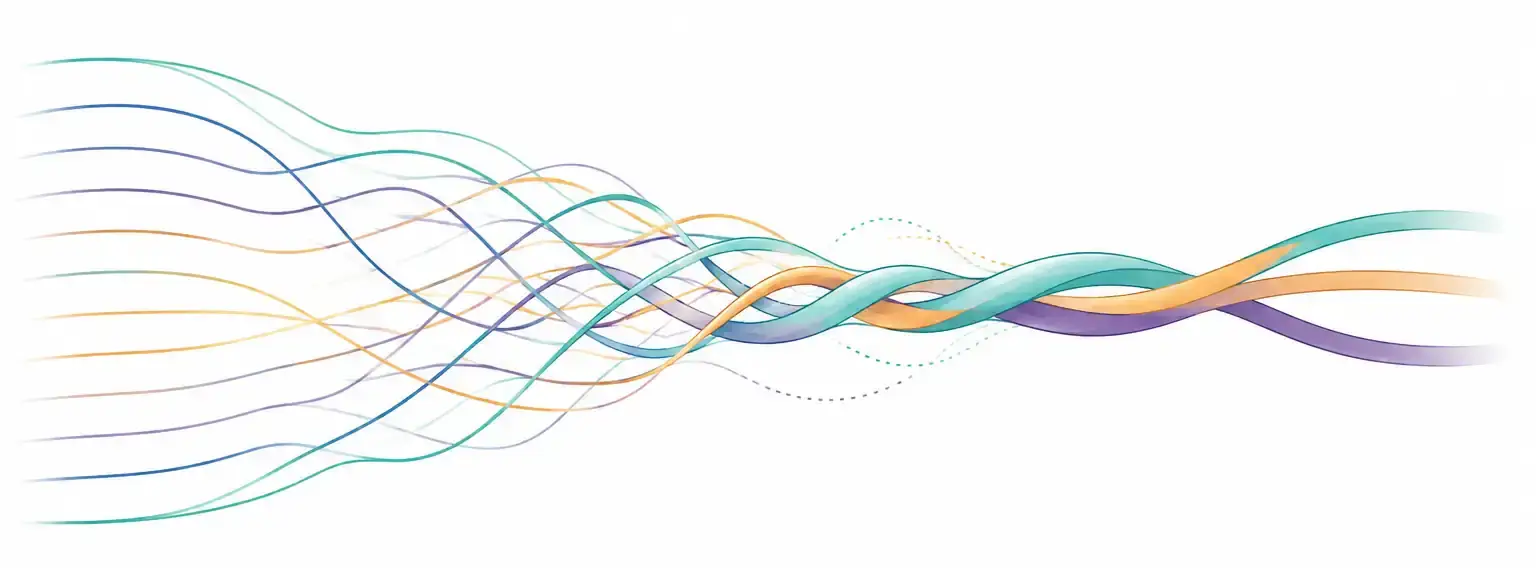 Abstract illustration of many colored strands gradually weaving together into three broader braided strands, representing the consolidation of information while preserving structure and meaning.