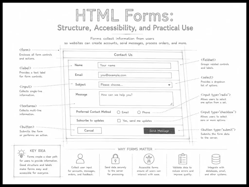Diagram explaining HTML forms, showing the structure of a contact form with labels, input fields, textarea, radio buttons, checkboxes, submit button, and annotations describing semantic HTML elements and accessibility best practices.
