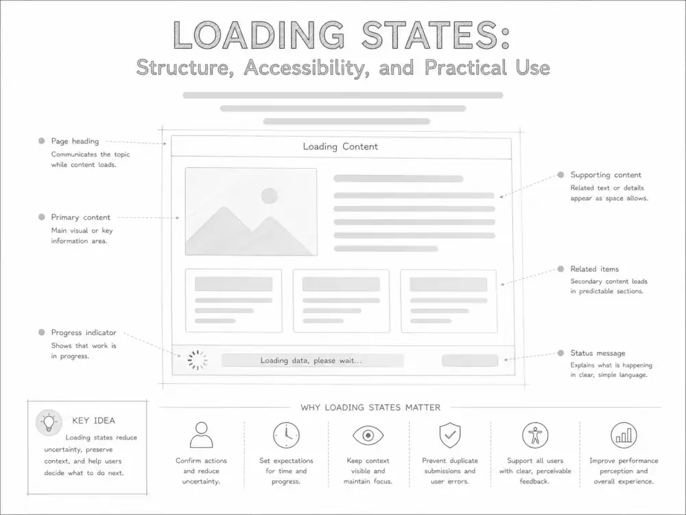 Diagram explaining loading states in user interfaces, showing a skeleton screen layout with placeholder content, progress indicators, status messages, and annotations illustrating how loading feedback preserves context and improves usability.