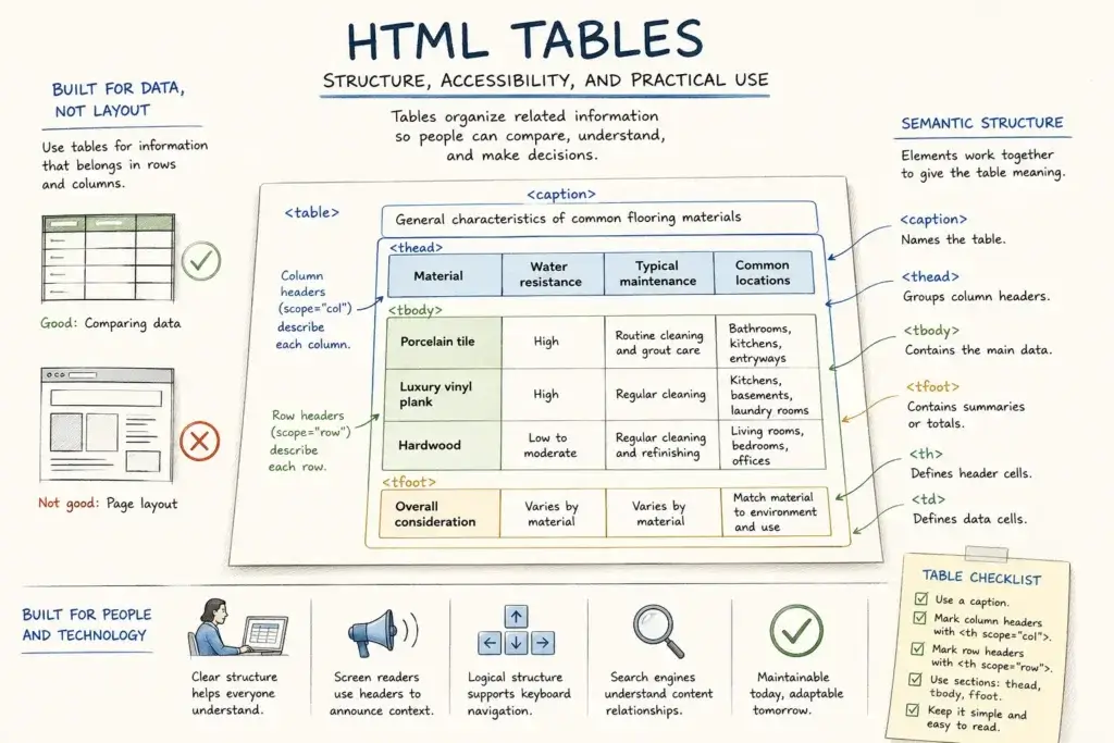 Infographic titled 'HTML Tables: Structure, Accessibility, and Practical Use', highlighting three core principles: built for data not layout, tables organize related information, and semantic structure.