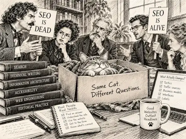 Black-and-white ink sketch of scholars debating whether SEO is dead or alive while an indifferent cat rests in a cardboard box labeled “Same Cat. Different Questions.”